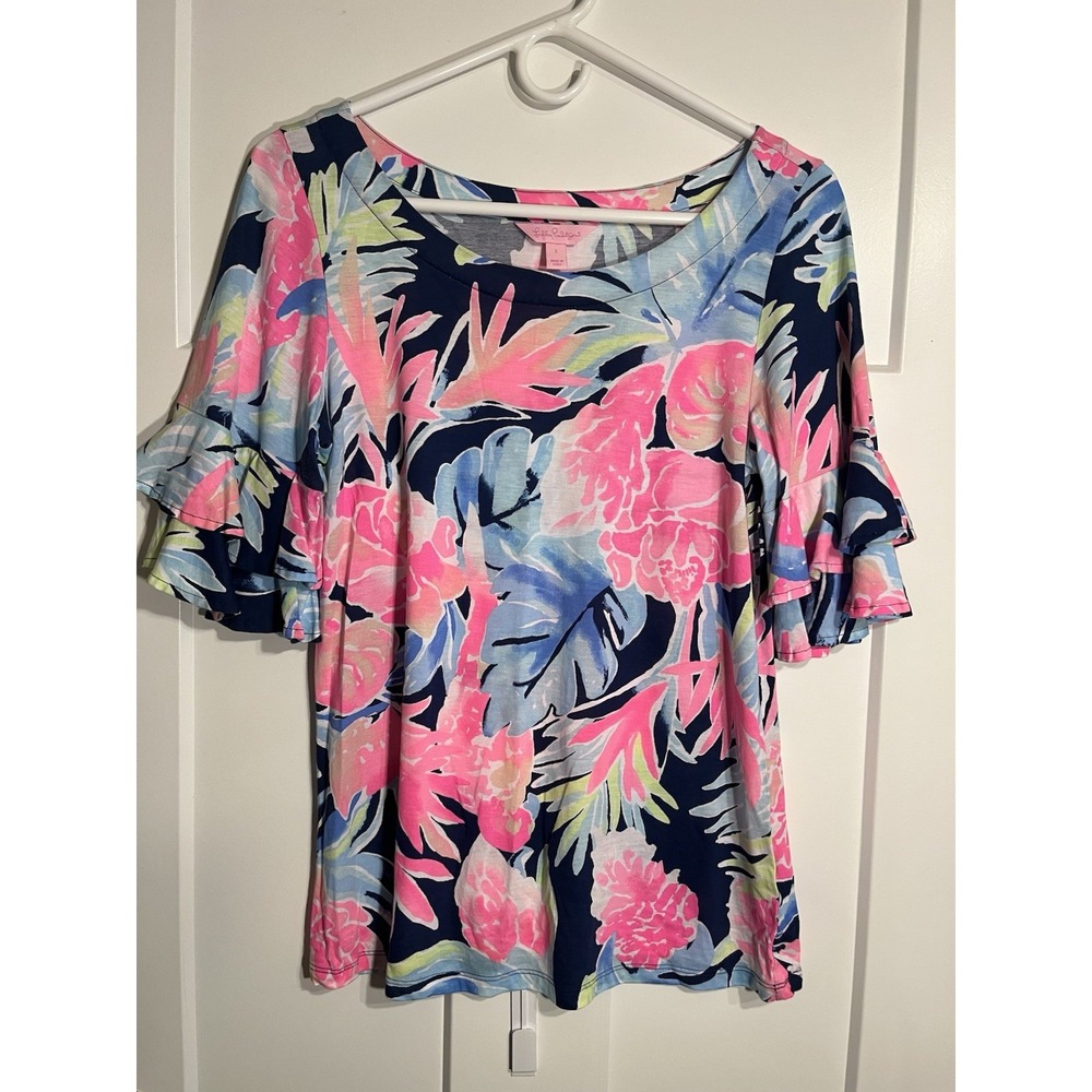 Lilly Pulitzer Lula Floral Blouse Small S Blue Pink Tiered Ruffle Sleeve Knit